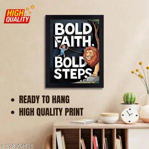 Inspirational Lion and Child Wall Art with Black Frame - Bold Faith Bold Steps Design