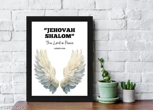 Jehovah Shalom Bible Verse Religious Wall Art Print with Angel Wings, Framed Black and White Decor