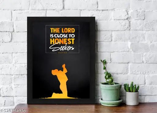 Psalms 145:18 Bible Verse Religious Wall Art Print with Black Frame and Orange Silhouette for Christian Home Decor