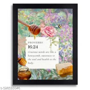 Proverbs 16:24 Bible Verse Wall Art - Floral Honey Theme with Black Frame