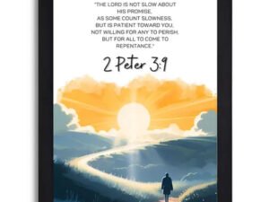 2 Peter 3:9 Bible Verse Wall Art - Religious Scripture Print Featuring Sunset Landscape in Black Frame