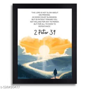 2 Peter 3:9 Bible Verse Wall Art - Religious Scripture Print Featuring Sunset Landscape in Black Frame