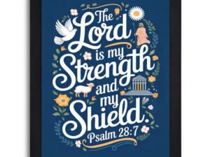 Psalm 28:7 Christian Wall Art - Navy Blue Bible Verse Religious Print with Black Frame