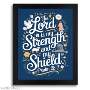 Psalm 28:7 Christian Wall Art - Navy Blue Bible Verse Religious Print with Black Frame