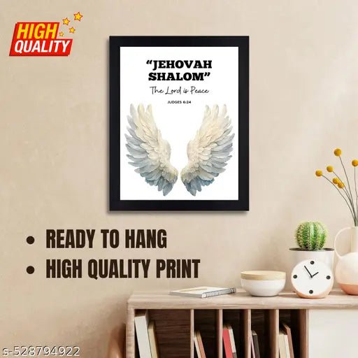 Jehovah Shalom Bible Verse Religious Wall Art Print with Angel Wings, Framed Black and White Decor