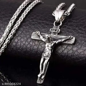 MURLIWALA Stainless Steel Jesus Christ Cross Pendant Necklace - Catholic Christian Jewelry for Men and Women (Silver)