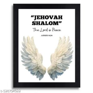 Jehovah Shalom Bible Verse Religious Wall Art Print with Angel Wings, Framed Black and White Decor