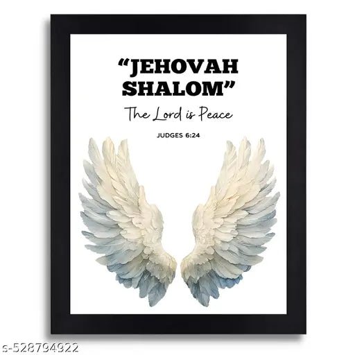 Jehovah Shalom Bible Verse Religious Wall Art Print with Angel Wings, Framed Black and White Decor