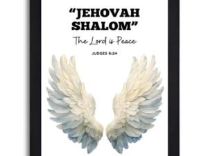 Jehovah Shalom Bible Verse Religious Wall Art Print with Angel Wings, Framed Black and White Decor