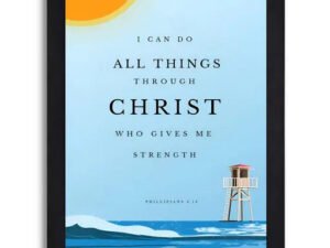 Philippians 4:13 Bible Verse Wall Art - Inspirational Beach Scene Print with Black Frame
