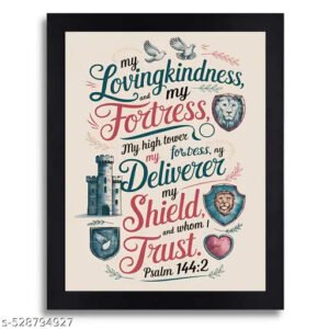 Psalm 144:2 Christian Wall Art - Inspirational Bible Verse Print with Castle and Lion Typography, Framed
