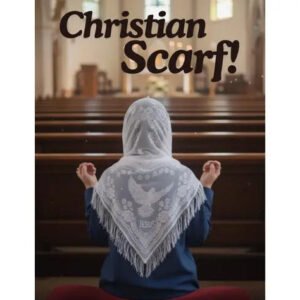 White Christian Triangle Head Scarf with Pigeon and Jesus Design