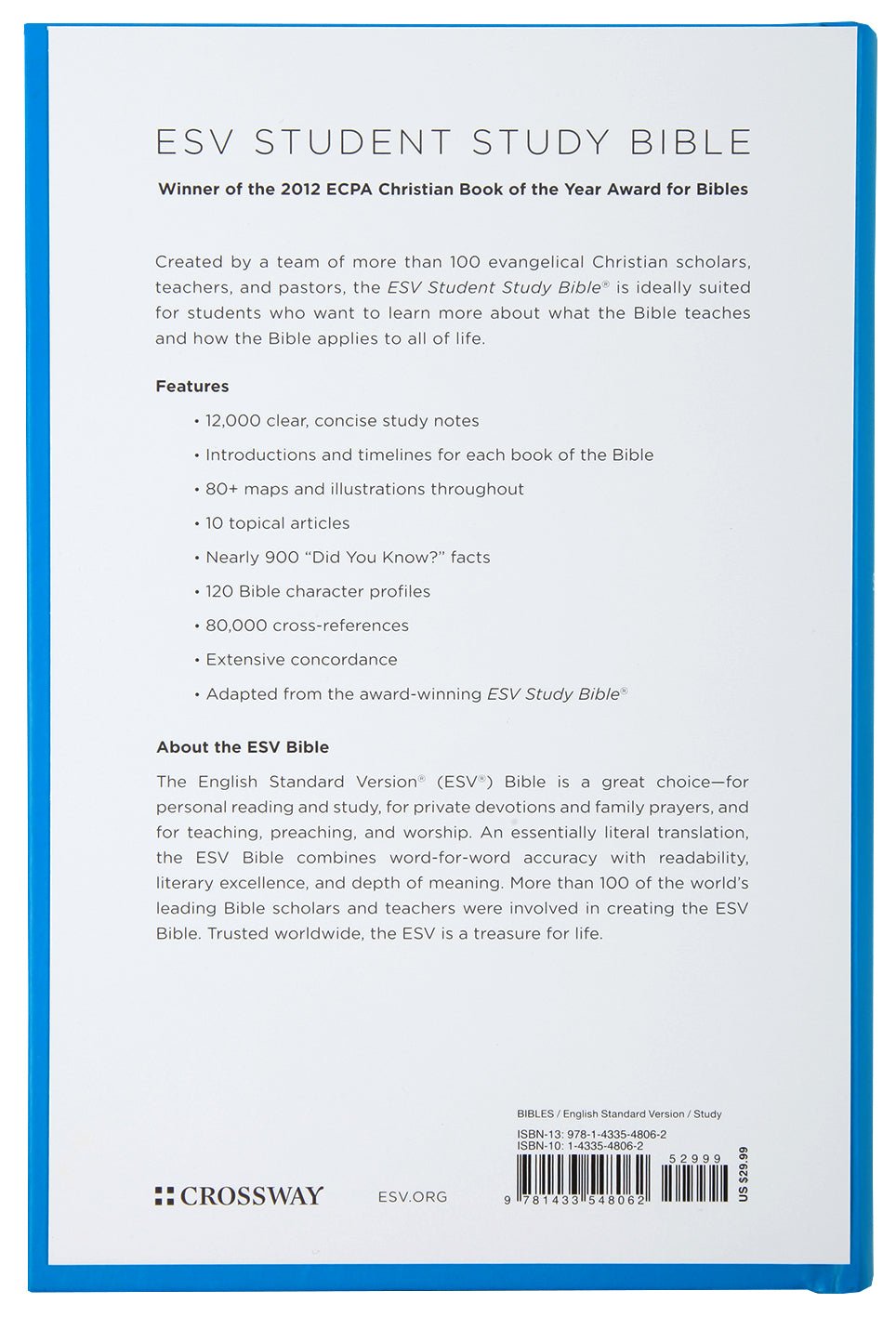 Close-up of ESV Student Study Bible cover in Light Blue with Black Letter Edition