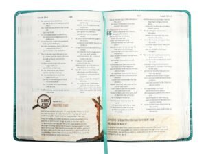 ESV Following Jesus Bible teal black letter edition open on a table