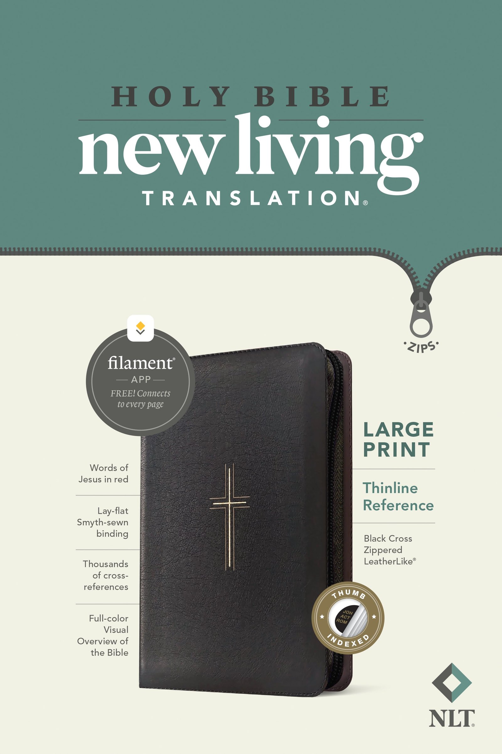 Nlt Large Print Thinline Reference Bible (filament Enabled, Black Cros