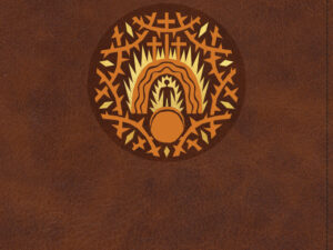 Close-up of ESV The Biggest Story Holy Bible for Kids in brown leather with black letter edition design