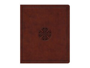 Brown leather binding with mosaic cross design on the cover of the ESV Journaling Bible