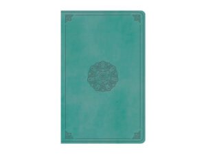 A turquoise ESV Large Print Value Thinline Bible with an emblem design, perfect for reading and studying.