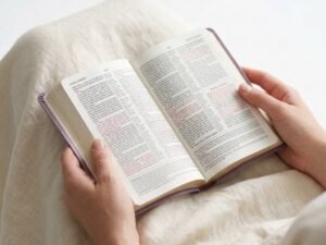 Studio photo of KJV Thinline Reference Bible (Flexisoft, Lavender, Red Letter) in lifestyle