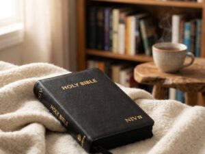 Studio photo of NIV Holy Bible Capsule With Zip, Black in lifestyle
