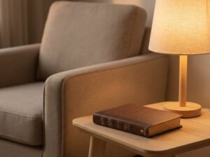 Studio photo of KJV Thinline Reference Bible (Flexisoft, Chestnut Brown, Red Letter) in context