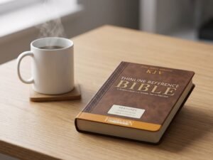 Studio photo of KJV Thinline Reference Bible (Flexisoft, Chestnut Brown, Red Letter) in lifestyle
